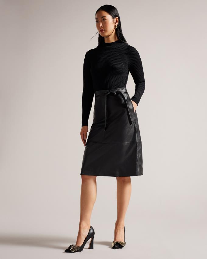 Peignoir Ted Baker Knit Bodice Midi With Faux Leather Noir Femme | IYK-83116213